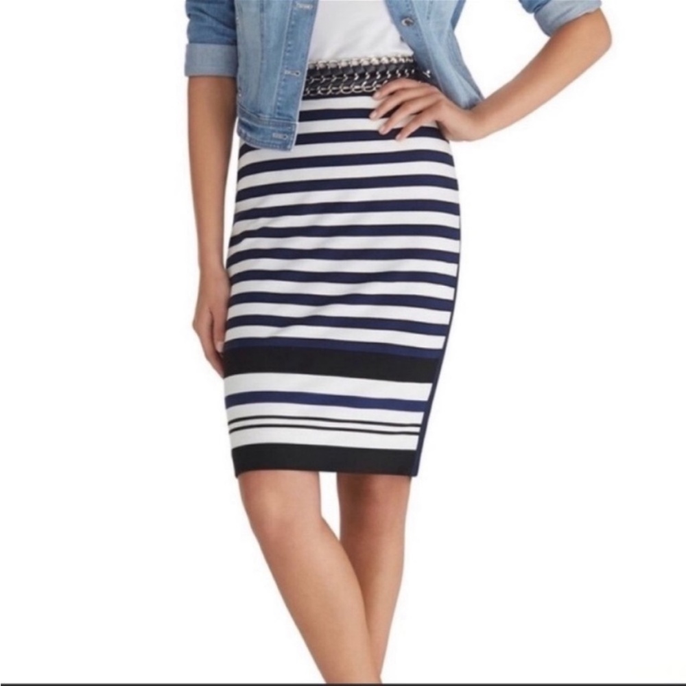 White House Black Market Striped Knit Pencil Skirt White Black Blue-NWOT